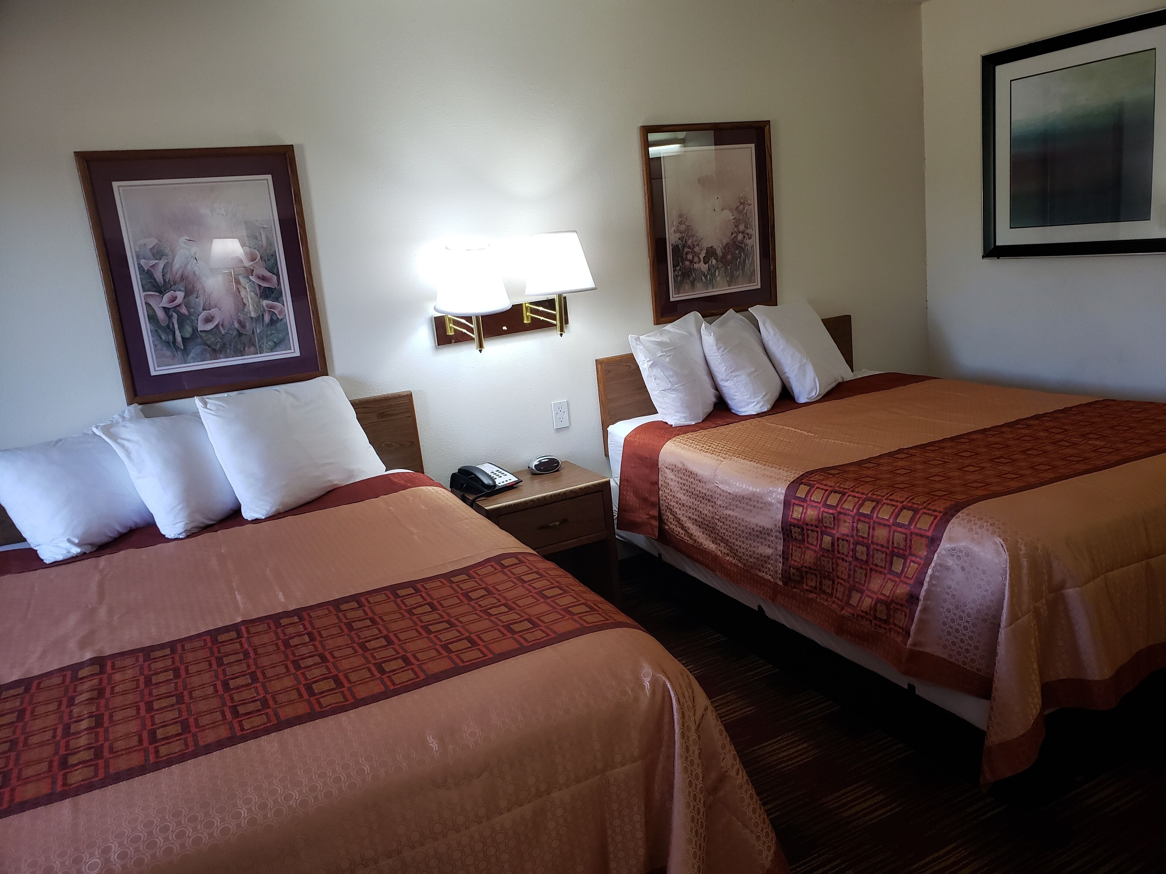 A hotel room with two beds, each with a patterned bedspread, white pillows, and a bedside table with a lamp and phone.