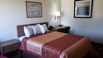 A hotel room with a bed, a nightstand, a desk, a lamp, and two framed pictures on the wall.