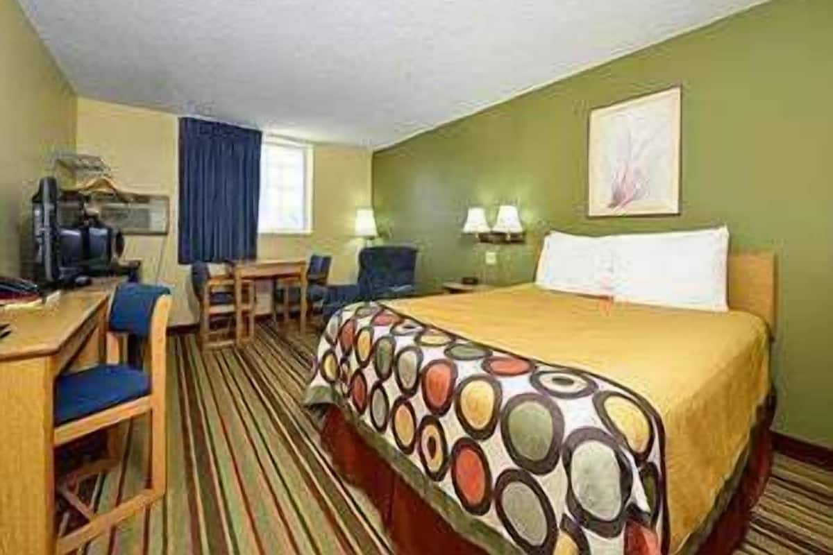 Una habitación de hotel con cama, escritorio, silla y televisor.