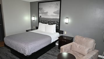 A hotel room with a large bed, a chair, a small table, and a wall-mounted picture.