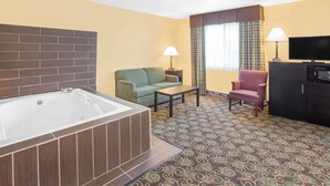 Een hotelkamer met een groot bad, een groene gestreepte bank, een roze fauteuil, een klein tafeltje en een televisie op een kast.