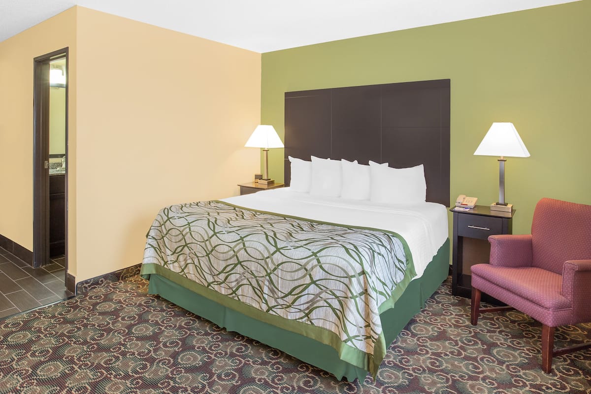 Une chambre d’hôtel avec un lit, deux tables de chevet, une chaise et une moquette à motifs.