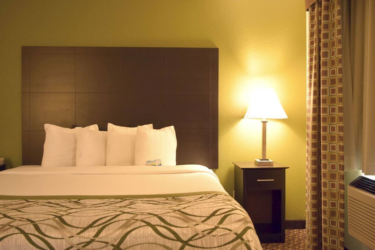Une chambre d’hôtel avec un grand lit, une table de chevet avec une lampe et une fenêtre avec des rideaux.