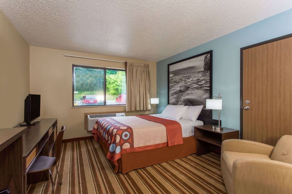 Een hotelkamer met een bed, een bureau met een televisie, een stoel, een raam met uitzicht op groen en een schilderij aan de muur.