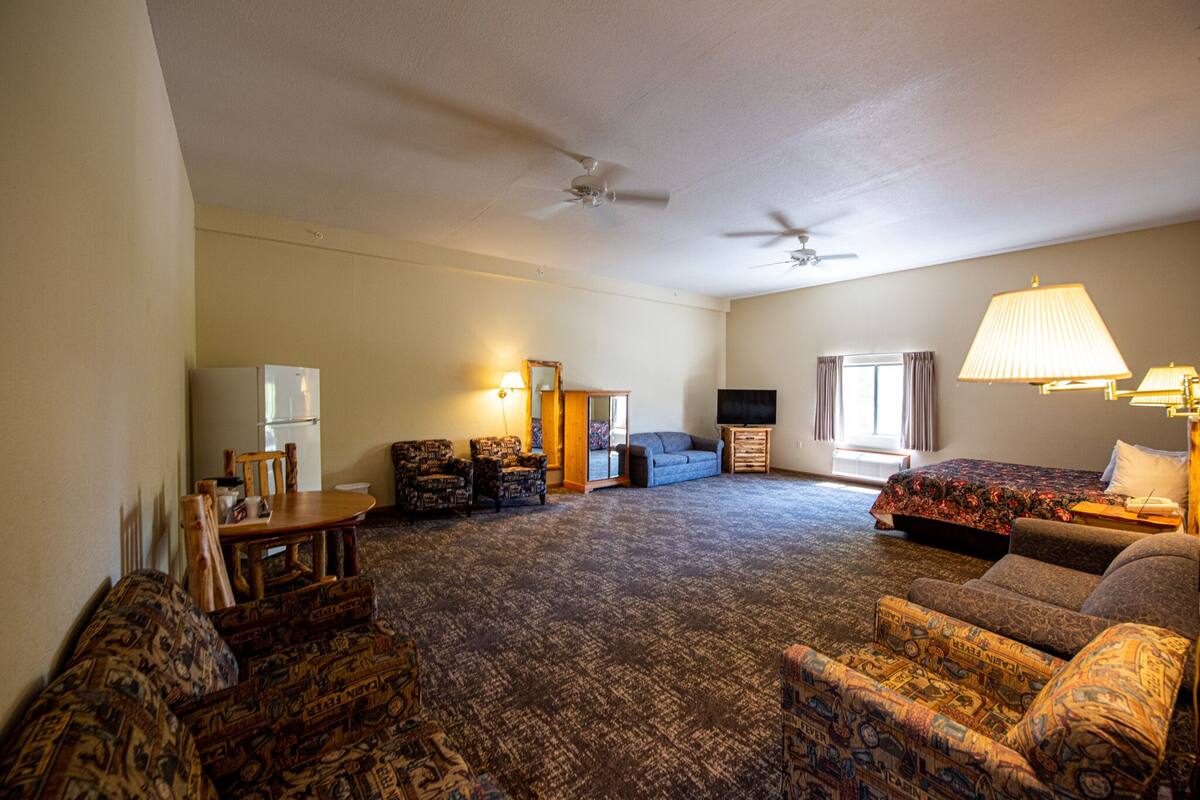Une chambre d’hôtel dotée d’un grand espace recouvert de moquette, de deux ventilateurs de plafond, d’une télévision, d’un lit avec une couvre-lit à motifs floraux, d’un canapé, d’un fauteuil et d’une lampe.