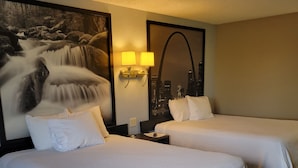 A hotel room with two beds, a cityscape mural, and a nightstand with a lamp. - Super 8 by Wyndham Sullivan (Sullivan)