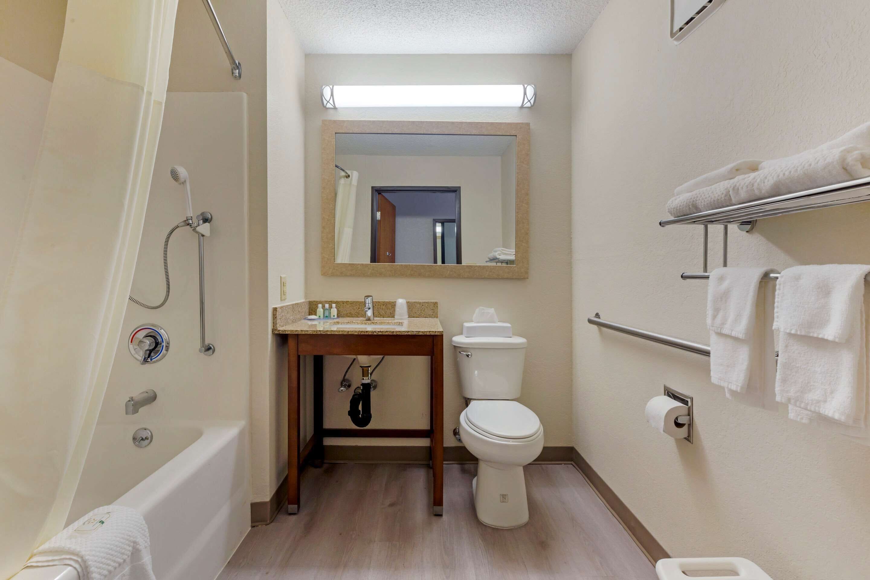 Un baño con bañera, inodoro, lavamanos y espejo.