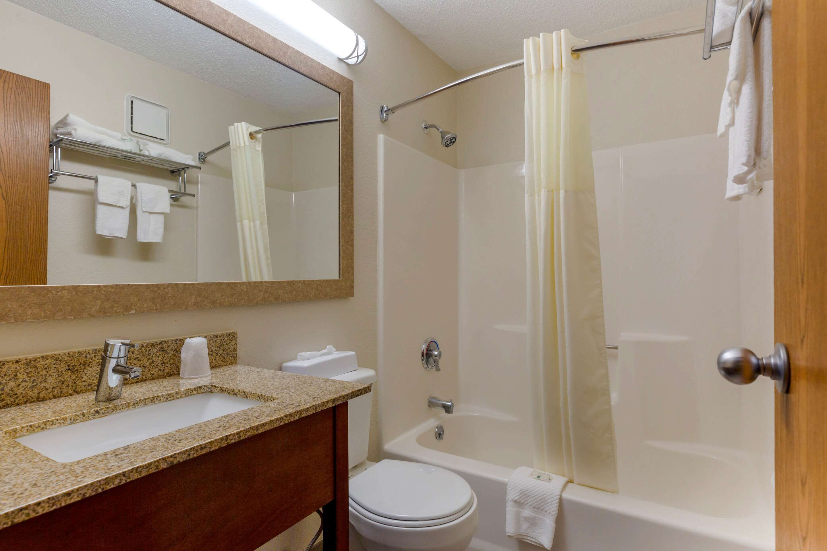 Une salle de bain équipée d’un lavabo, d’un miroir, de toilettes et d’une baignoire.