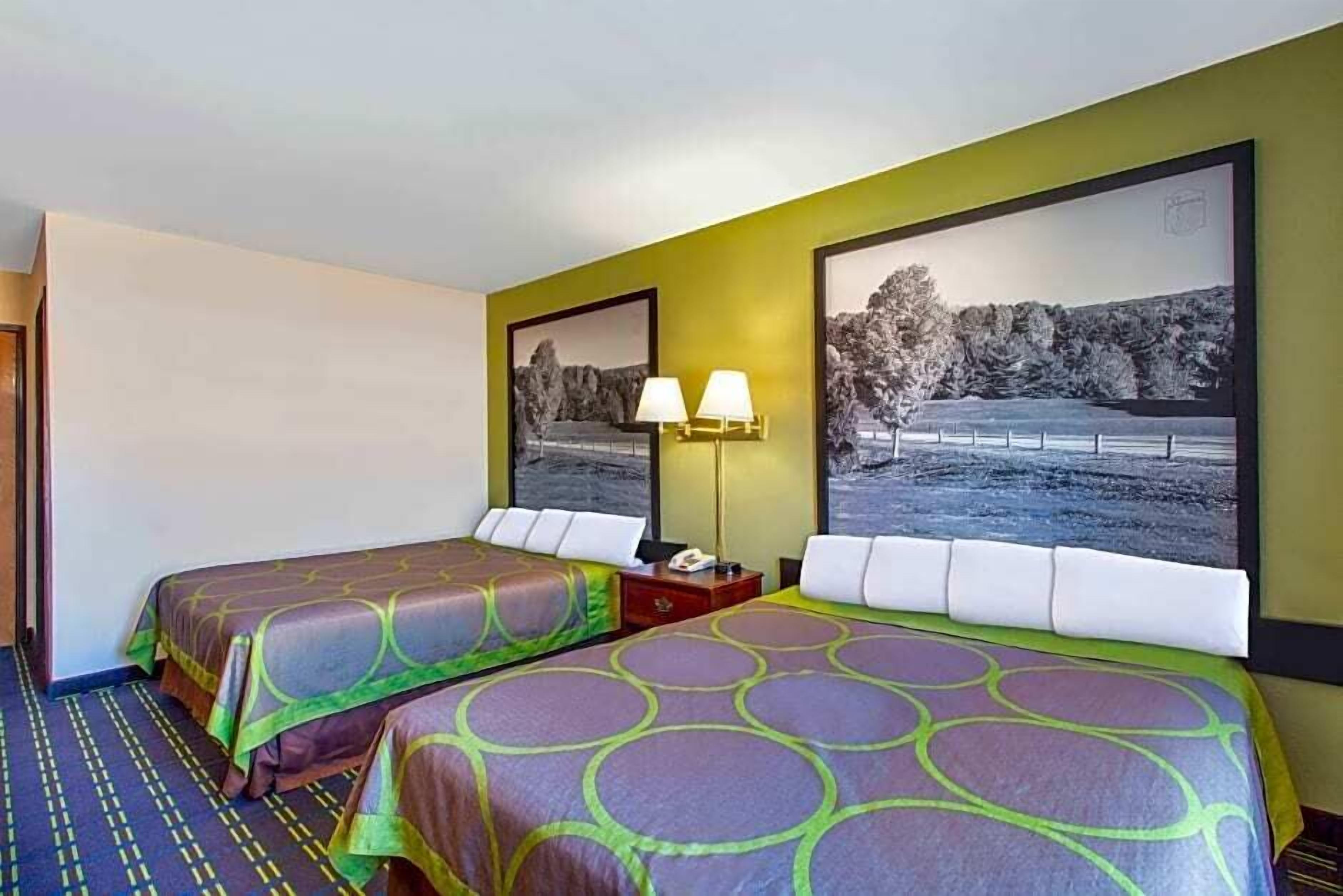 Una habitación de hotel con dos camas, cada una con una colcha estampada, una mesita de noche con lámpara y un cuadro grande en la pared.