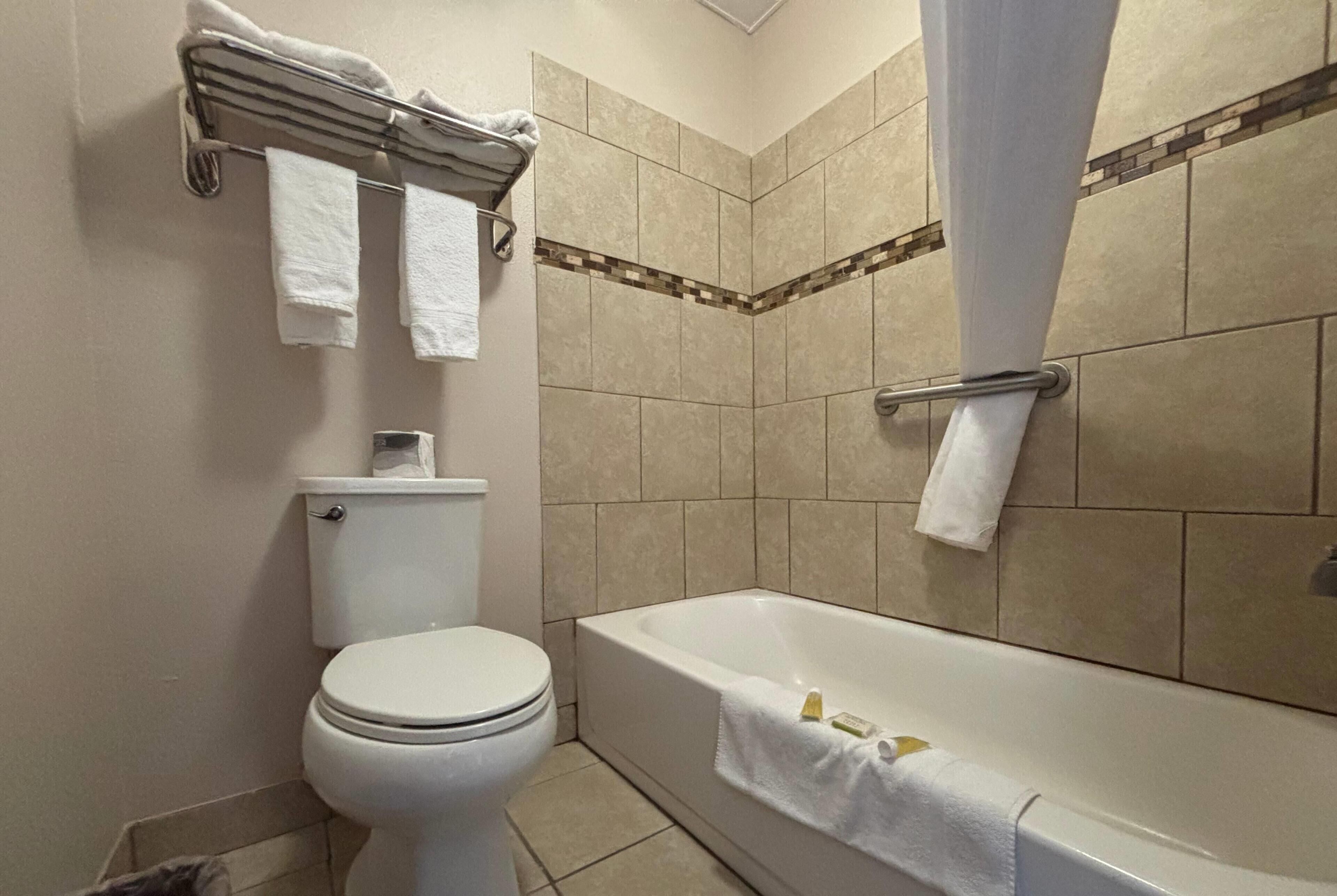 Combined shower/bathtub, hair dryer, towels