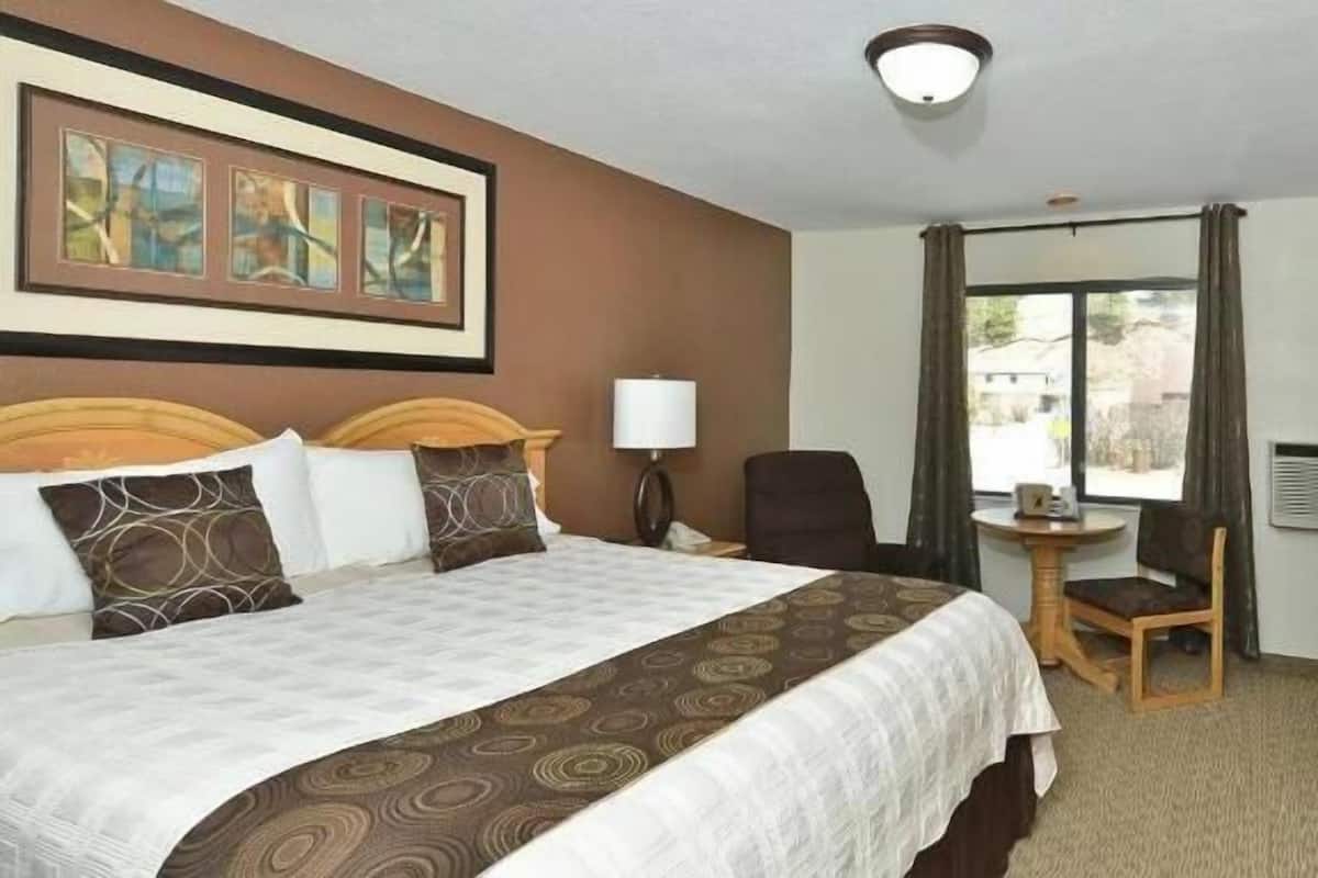 Habitación de hotel con cama, escritorio, silla, lámpara, armario y un cuadro en la pared.
