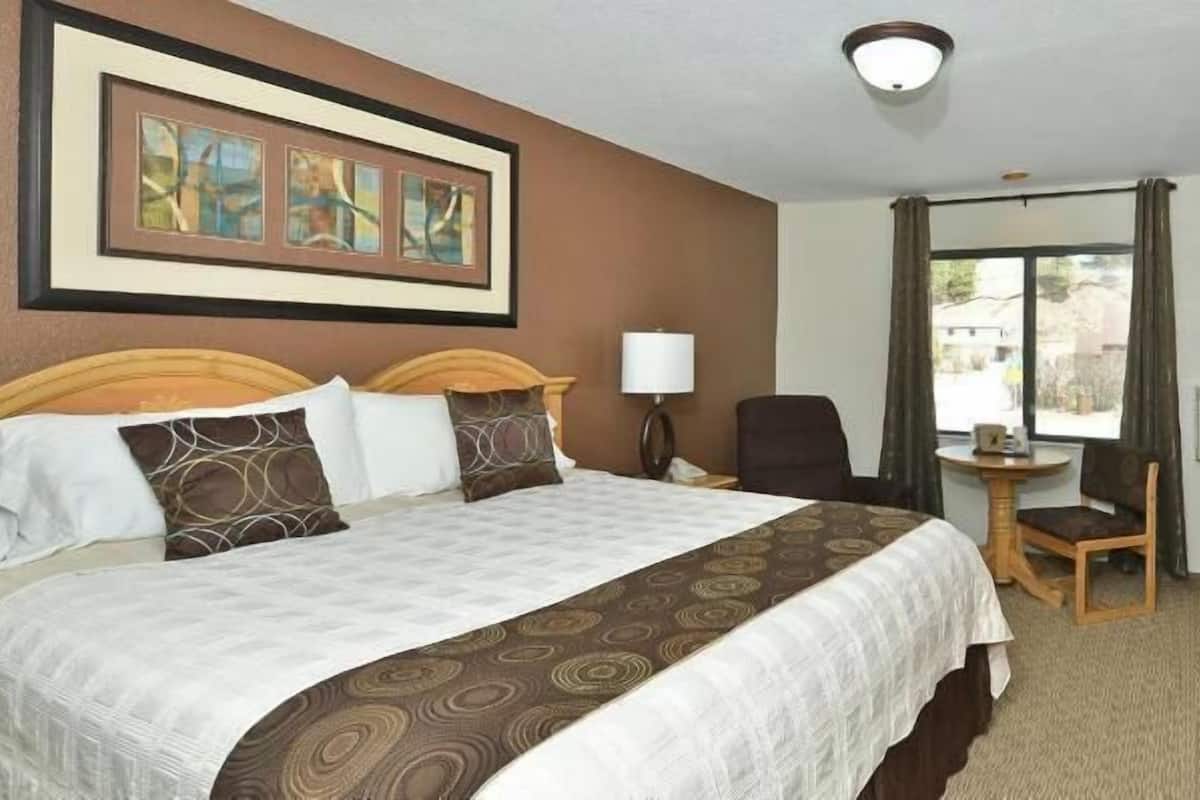 Habitación de hotel con cama, escritorio, silla, lámpara, armario y un cuadro en la pared.