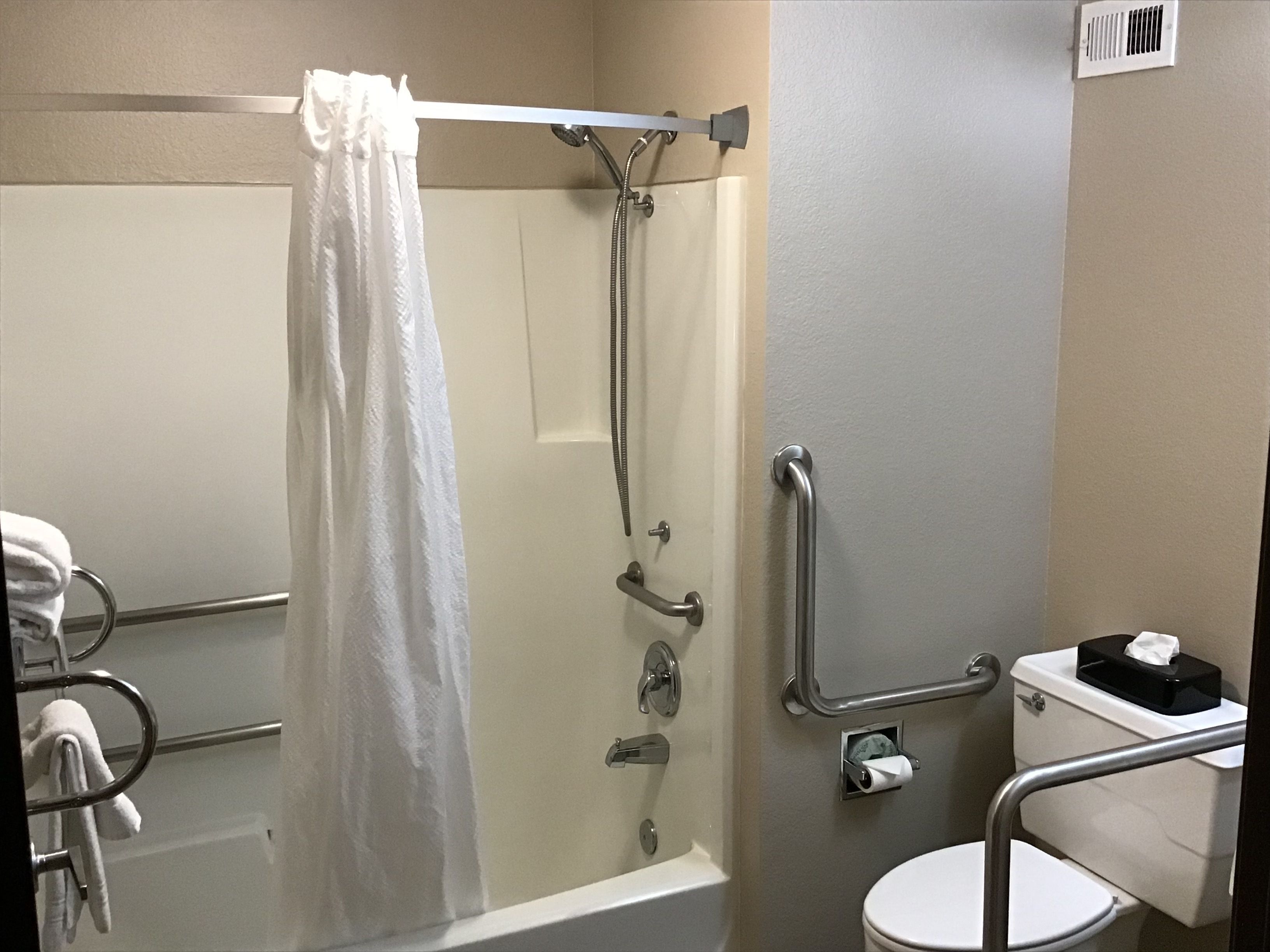 room, 1 queen bed, accessible, non smoking | bathroom | combined shower/bathtub, hair dryer, towels