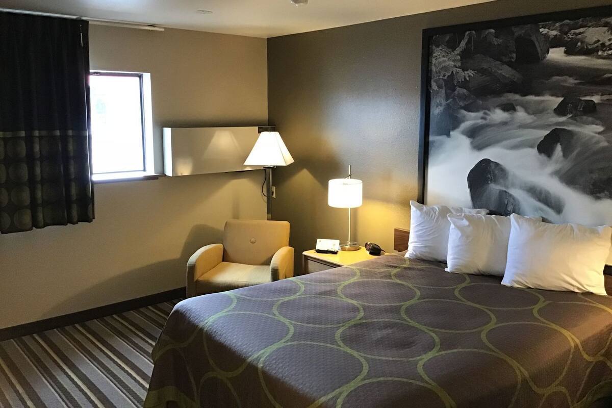 Habitación de hotel con cama, una silla, un escritorio, una lámpara y un cuadro grande de una cascada.