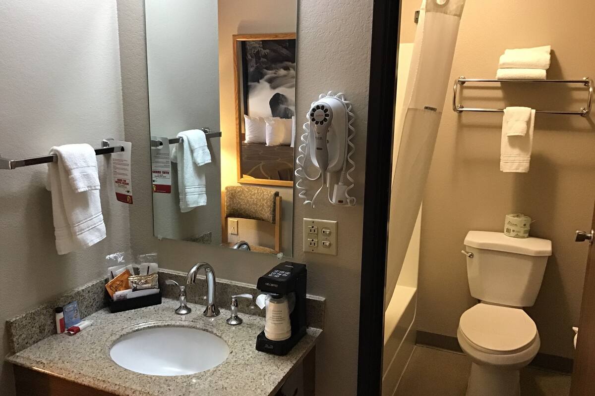 combined shower/bathtub, hair dryer, towels