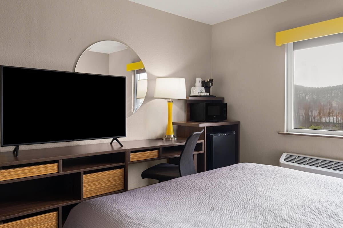 Quarto de hotel com cama, escrivaninha, televisão, cadeira, abajur, micro-ondas e janela com vista.