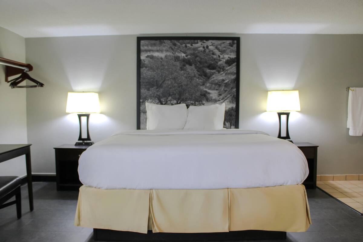 A hotel room with a large bed, two bedside tables with lamps, a desk, and a chair.