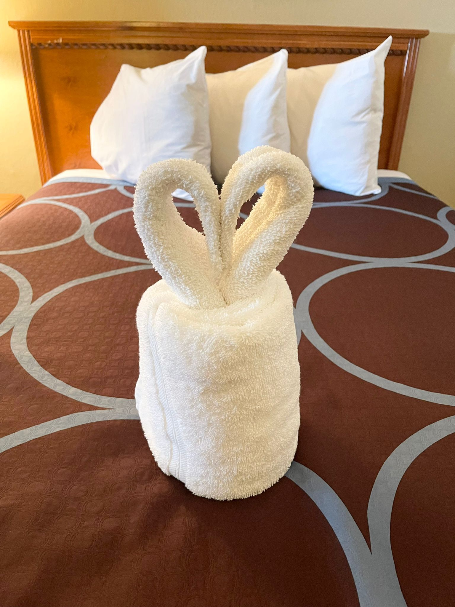 A bed with a brown patterned bedspread and a white towel shaped like a rabbit's ears placed on it.