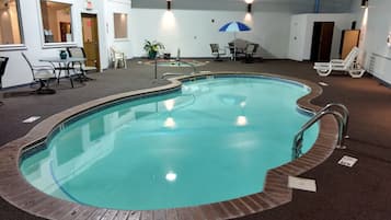 Indoor pool, open 8:00 AM to 10 PM, sun loungers