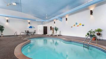 Indoor pool, open 8:00 AM to 10 PM, sun loungers