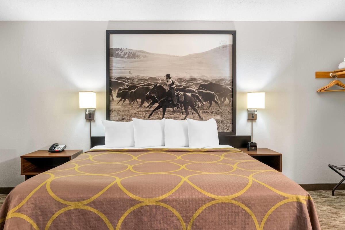 Een hotelkamer met een groot bed, twee nachtkastjes, een wandlamp en een tv aan de muur.