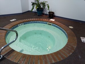 A small indoor pool with a tiled edge, a metal ladder, and potted plants nearby. - Super 8 by Wyndham Custer/Crazy Horse Area (Custer)