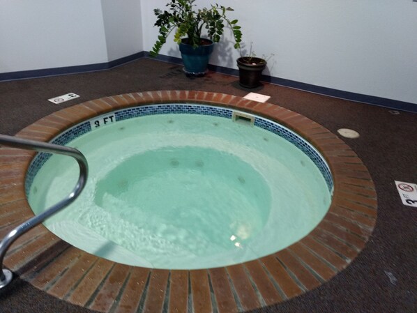 A small indoor pool with a tiled edge, a metal ladder, and potted plants nearby. - Super 8 by Wyndham Custer/Crazy Horse Area (Custer)