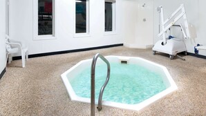 Una habitación con piscina rectangular, paredes blancas y ventana con vistas.