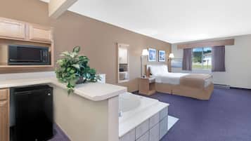 Desk, laptop workspace, blackout curtains, free WiFi