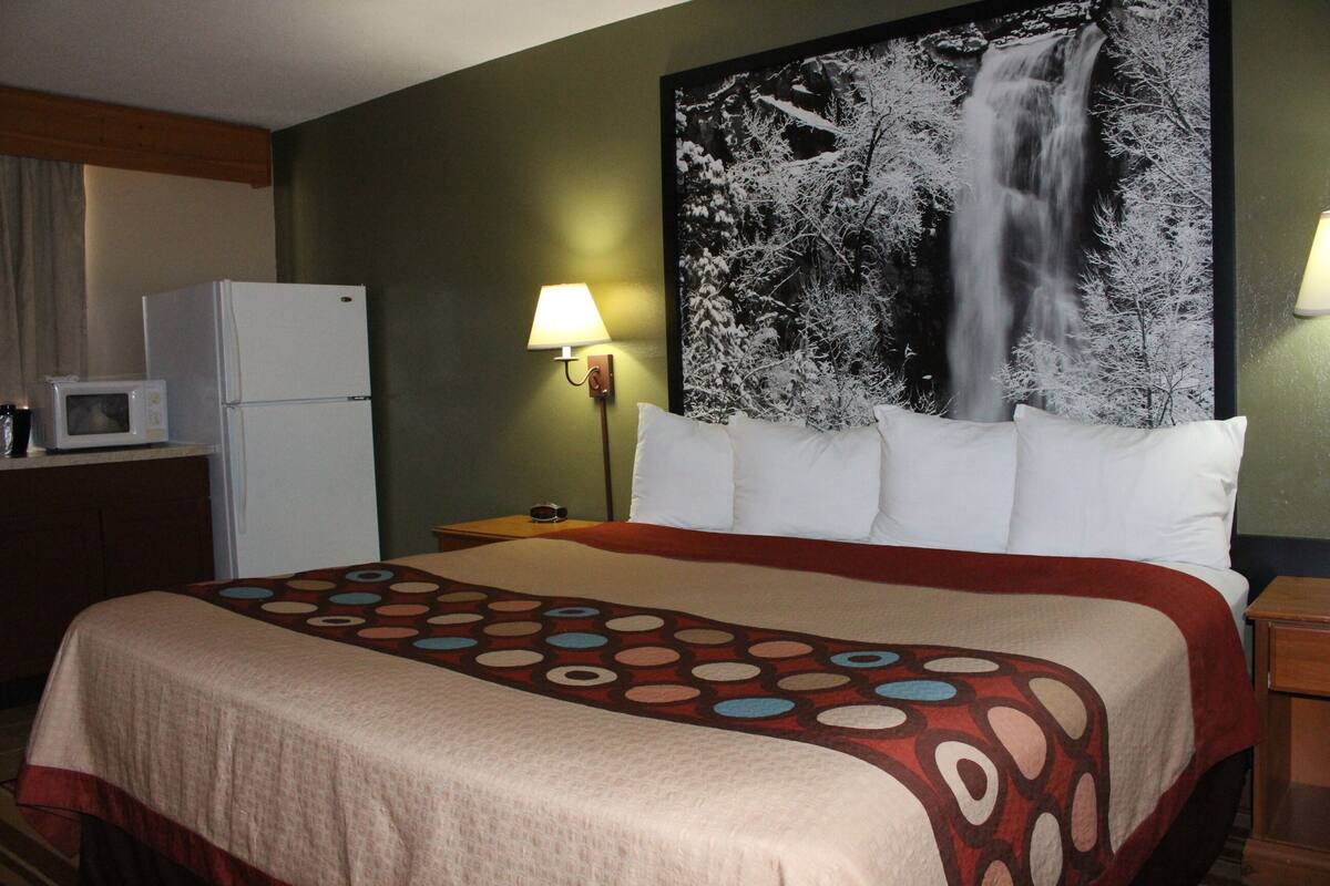 A hotel room with a bed, a microwave, a refrigerator, a nightstand, and a wall-mounted lamp.
