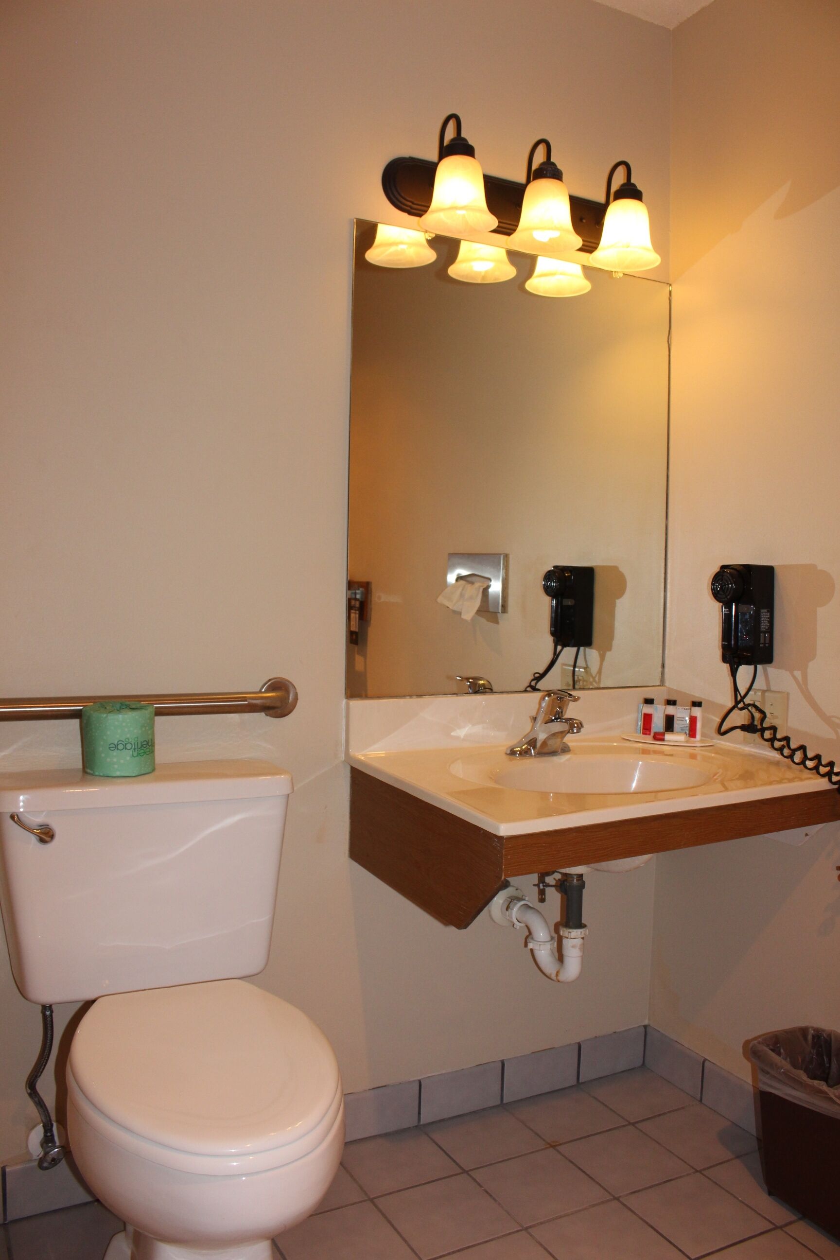 A bathroom with a toilet, sink, mirror, and a trash bin.