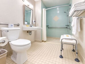 Une salle de bain équipée de toilettes, d’un lavabo, d’une douche et de barres d’appui.