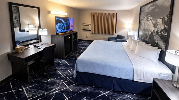 Une chambre d’hôtel avec un lit, un bureau, une télévision et un grand tableau au mur.