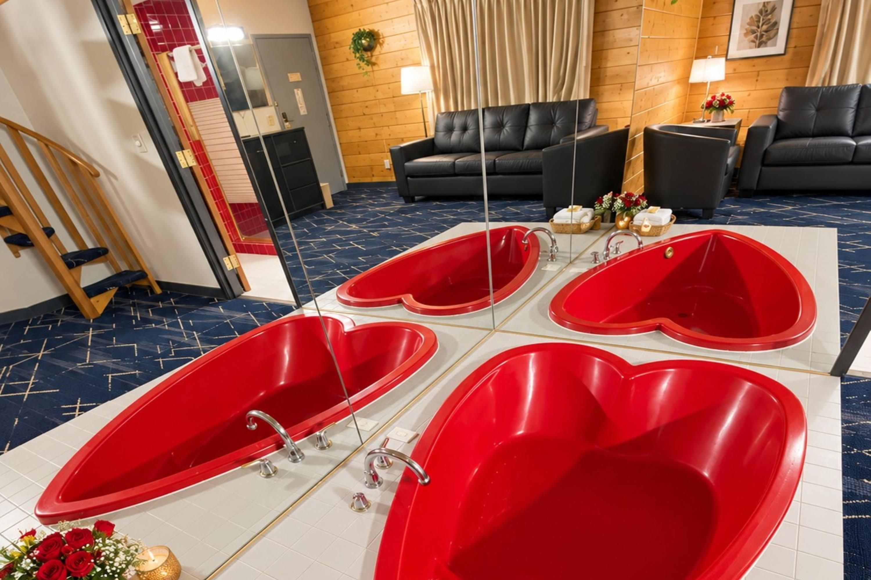 Ein Hotelzimmer mit einer großen, herzförmigen Badewanne, einem Sofa und einem Spiegel.