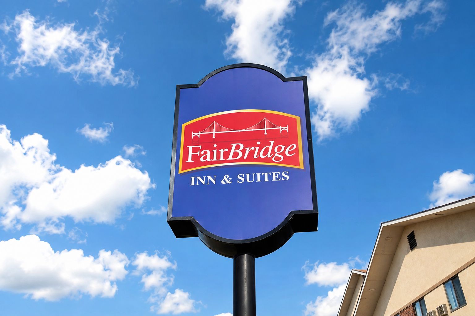 Een bord van FairBridge Inn & Suites, met een helderblauwe lucht op de achtergrond.