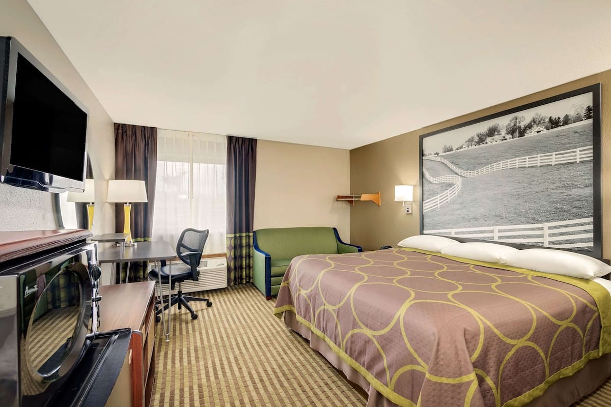 A hotel room with a bed, a desk with a television, a chair, a lamp, and a painting on the wall.