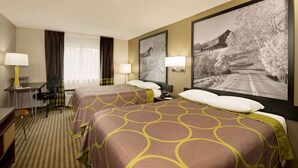 A hotel room with two beds, a desk, a chair, and a large framed picture on the wall. - Super 8 by Wyndham Lexington/Hamburg Area (Lexington)
