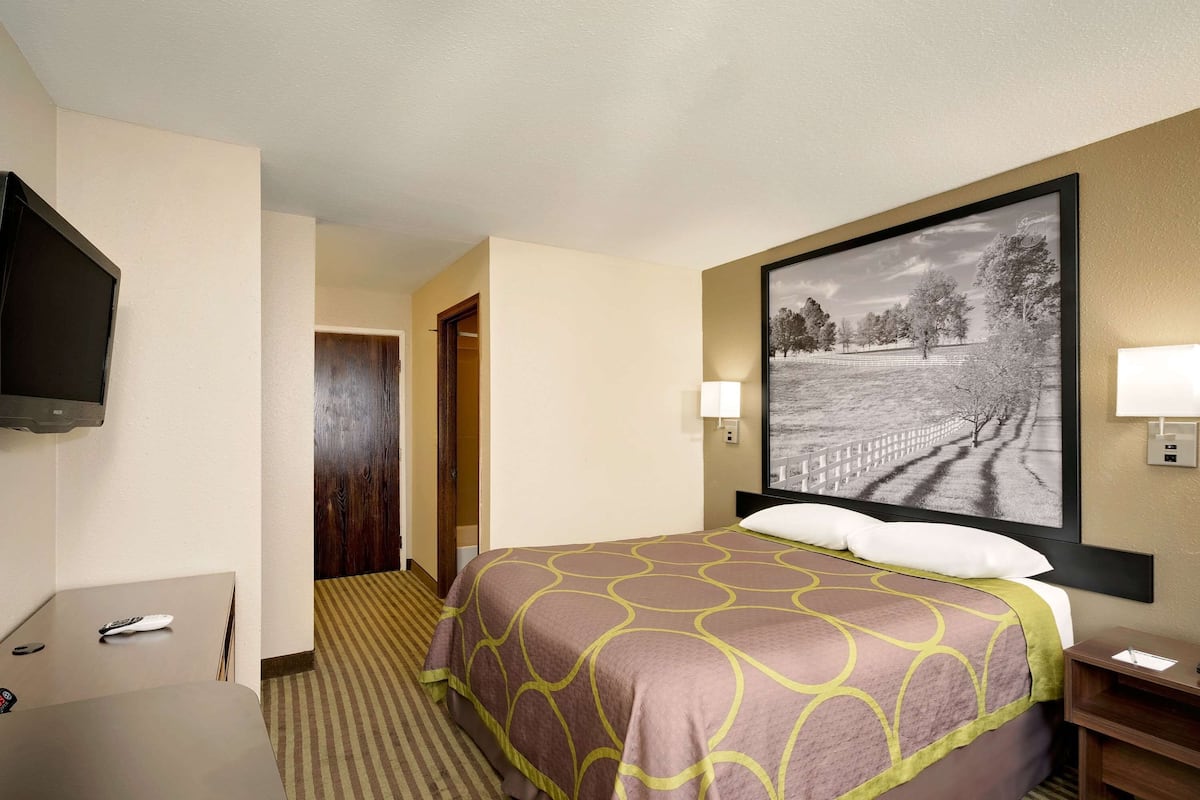 A hotel room with a bed, a television, a desk, and a framed picture on the wall.