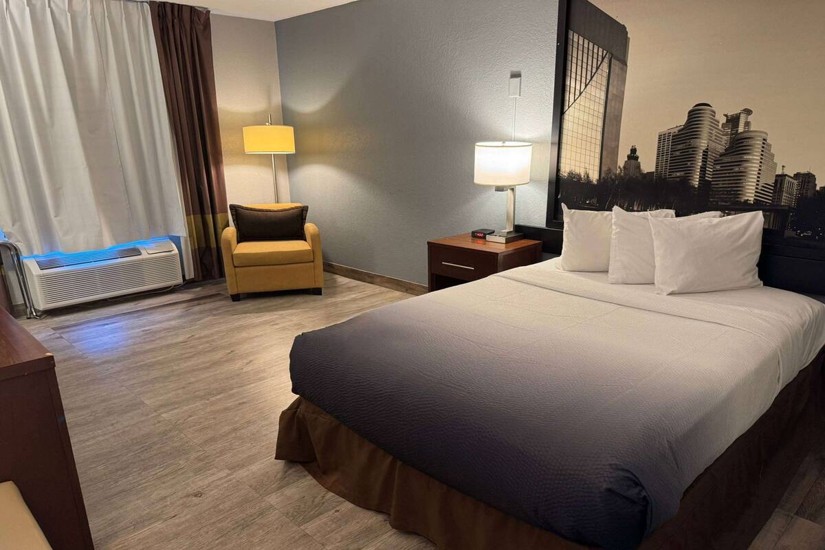 A hotel room with a large bed, two bedside tables, a chair, a lamp, and a view of the city skyline.