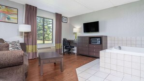Habitación de hotel con sofá, escritorio, silla, televisor, microondas y bañera.