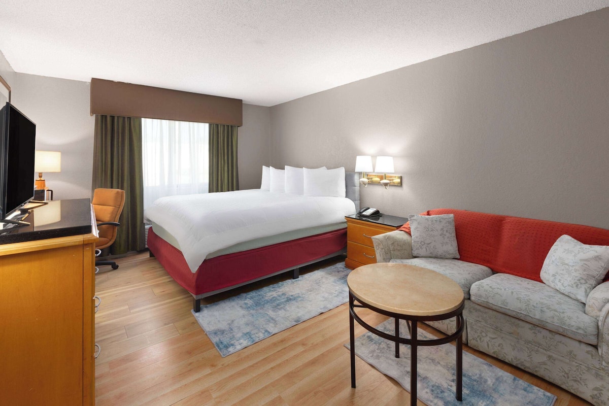A hotel room with a bed, a desk, a chair, a sofa, and a small table.