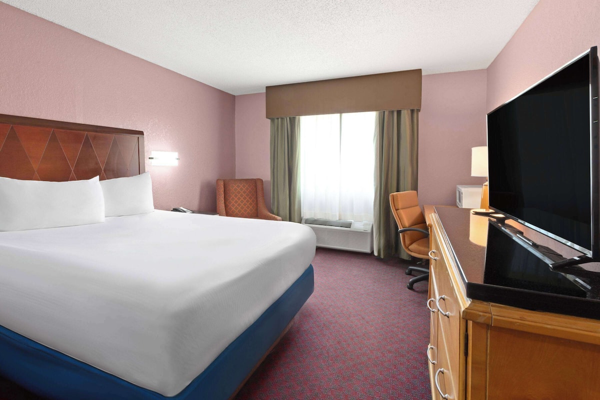 A hotel room with a large bed, a television, a desk with a lamp, and a chair.