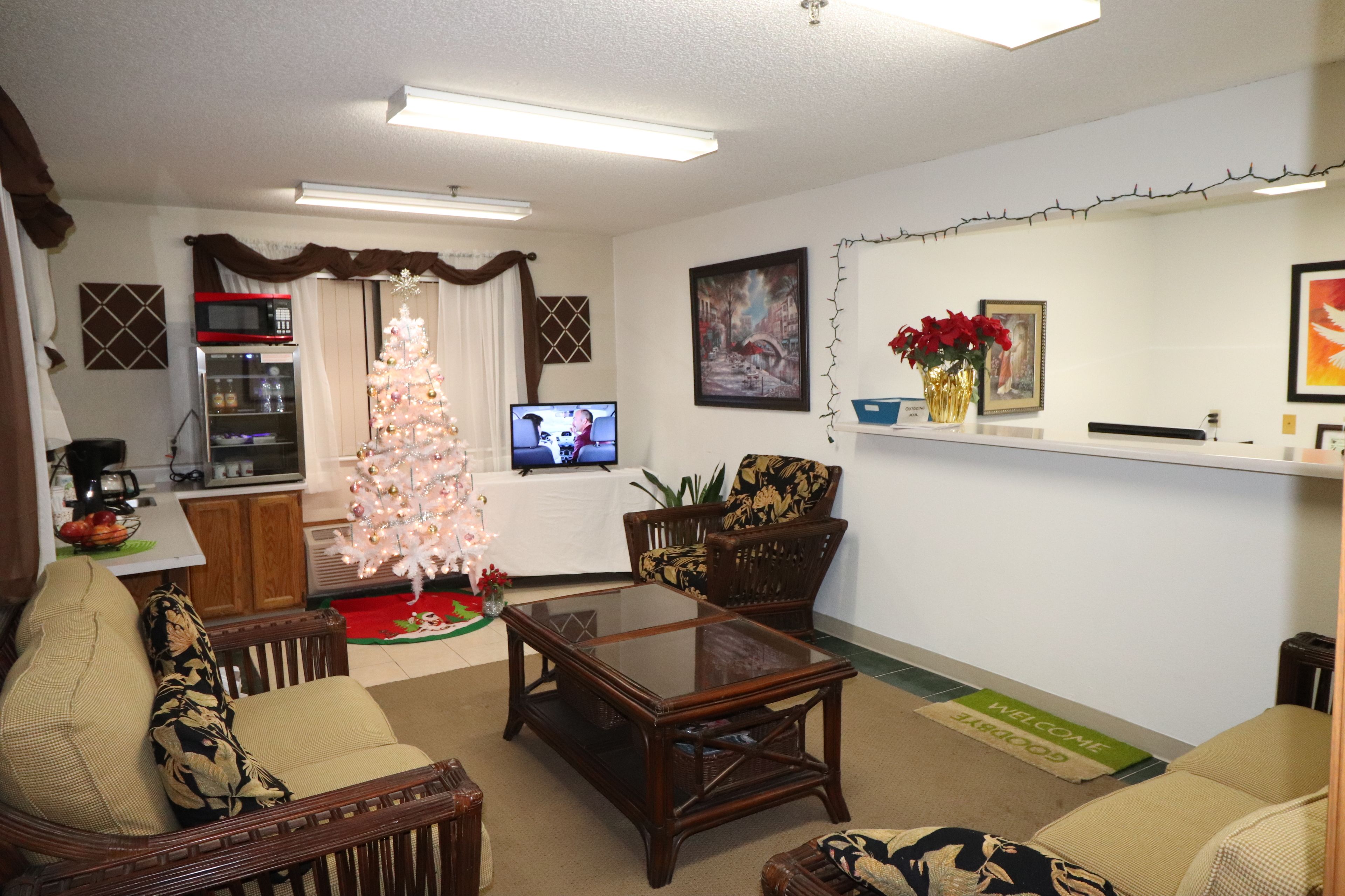 Una sala de estar con un árbol de Navidad, un televisor y una zona de cocina al fondo.