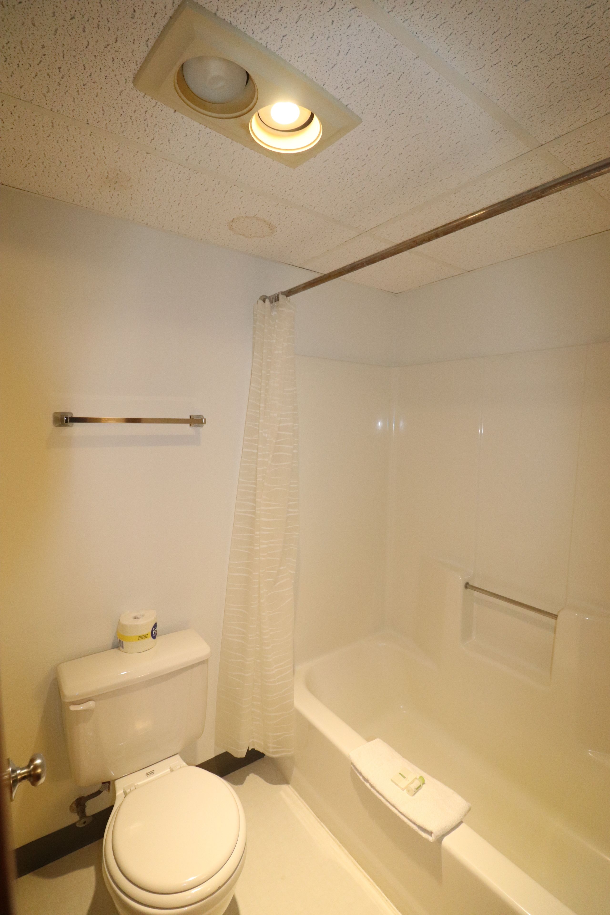 Een badkamer met toilet, bad en douchegordijn.