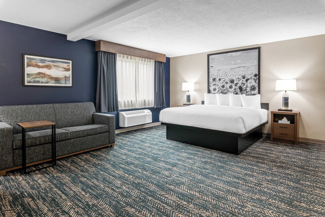 Una habitación de hotel con cama, sofá, lámpara, un cuadro en la pared y ventana con cortinas.