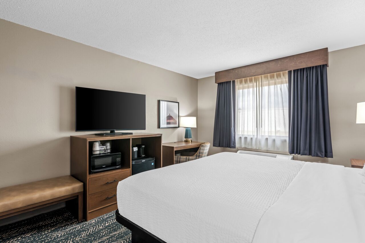 Habitación de hotel con cama, televisor de pantalla plana, escritorio con lámpara, microondas y un banco.