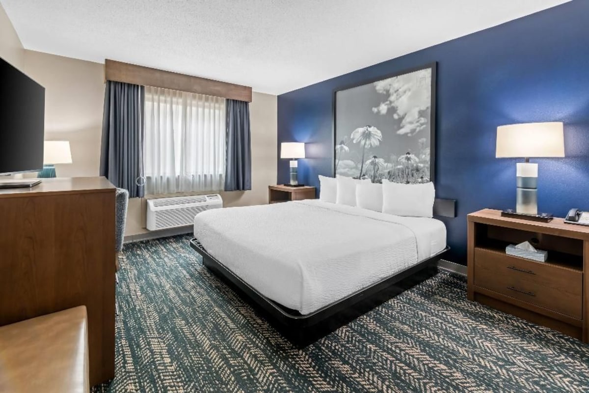 Une chambre d’hôtel avec un grand lit, un bureau, une chaise, un téléviseur à écran plat, une fenêtre avec des rideaux, un tableau au mur et une moquette à motifs.