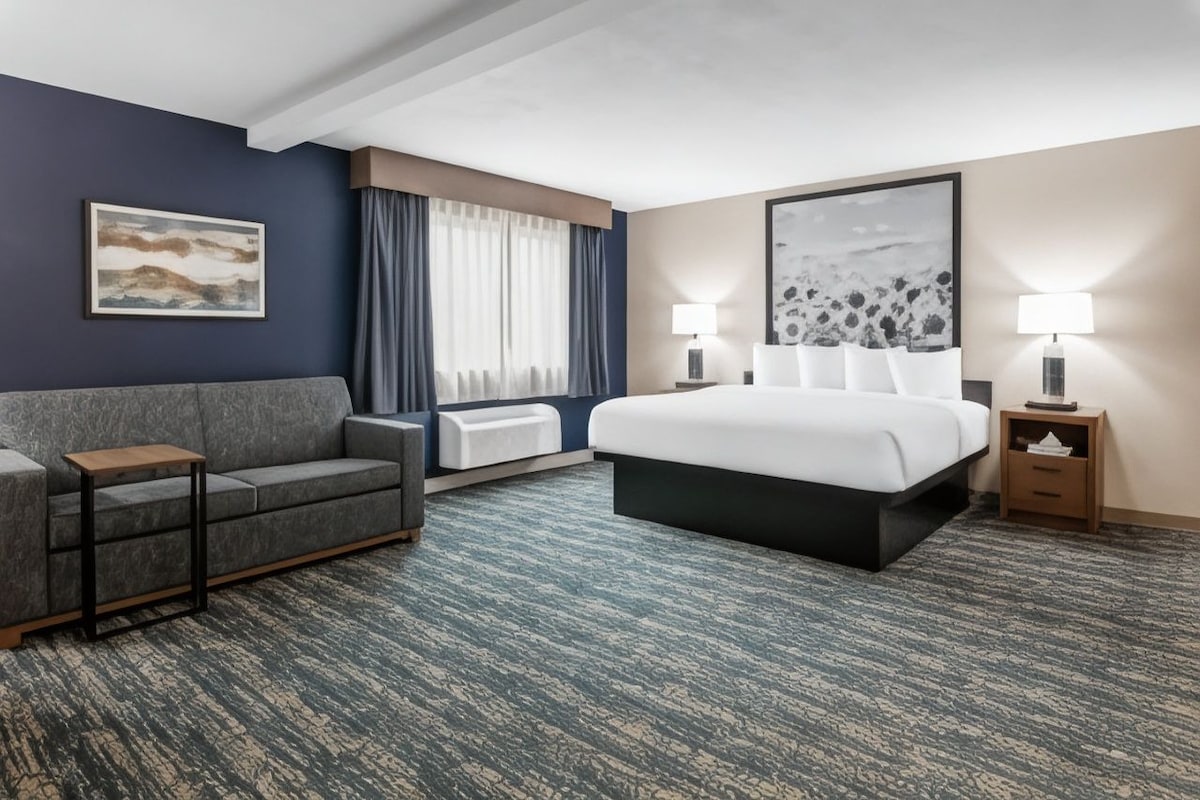 Une chambre d’hôtel avec un lit, un canapé, une petite table, une table de chevet et une fenêtre avec des rideaux.