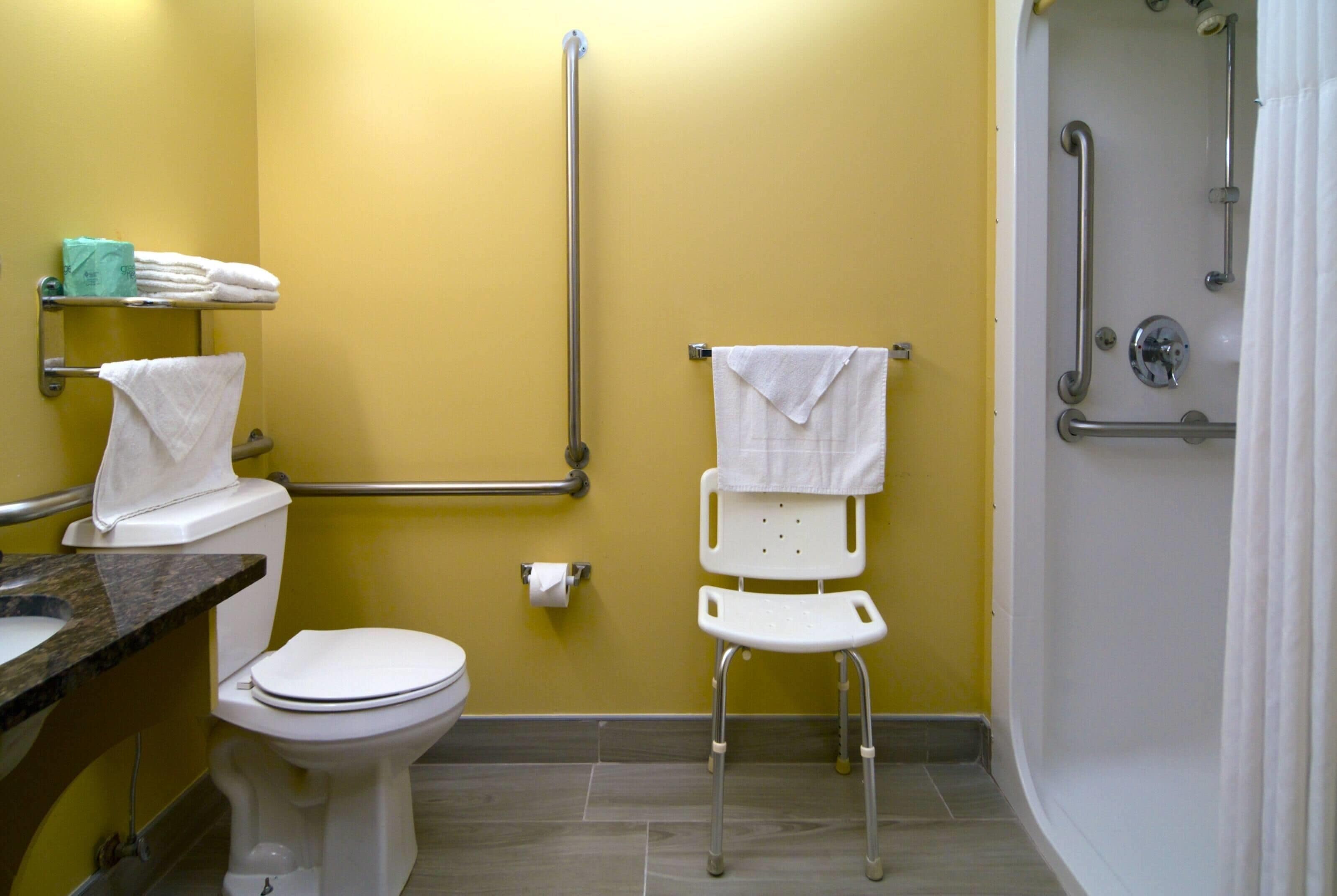A bathroom with a toilet, a sink, a shower with grab bars, and a wheelchair-accessible chair.