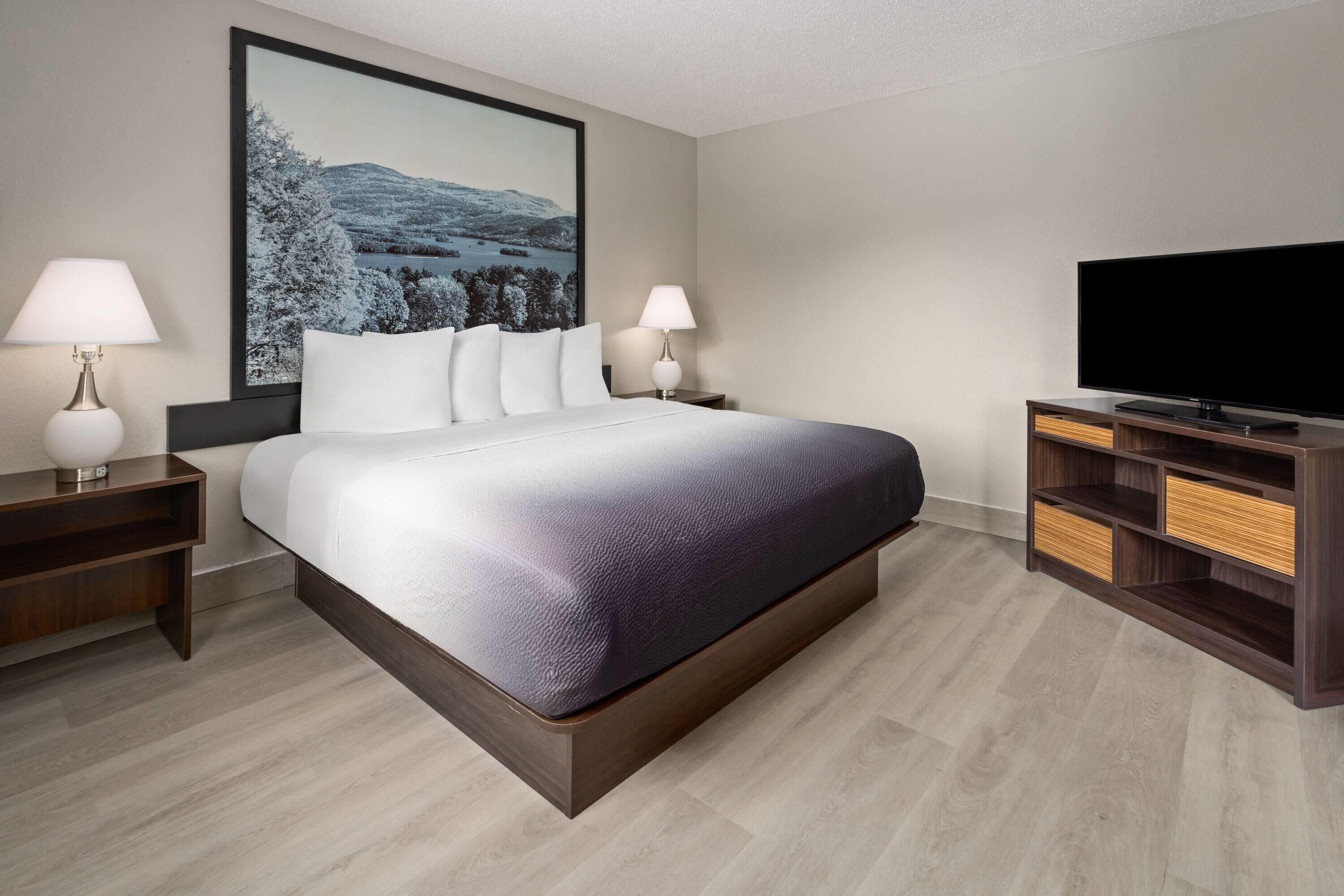 A hotel room with a large bed, two bedside tables with lamps, a flat-screen TV, and a large framed picture on the wall.